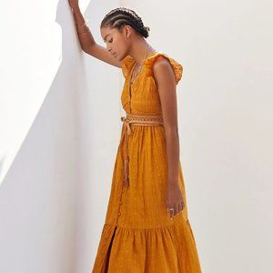Anthropologie Golden Midi Dress with Ruffle Sleeves